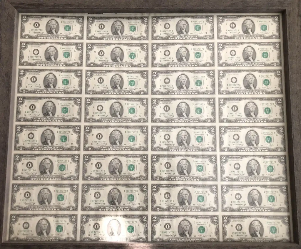 uncut sheets of 1976 $2 bills